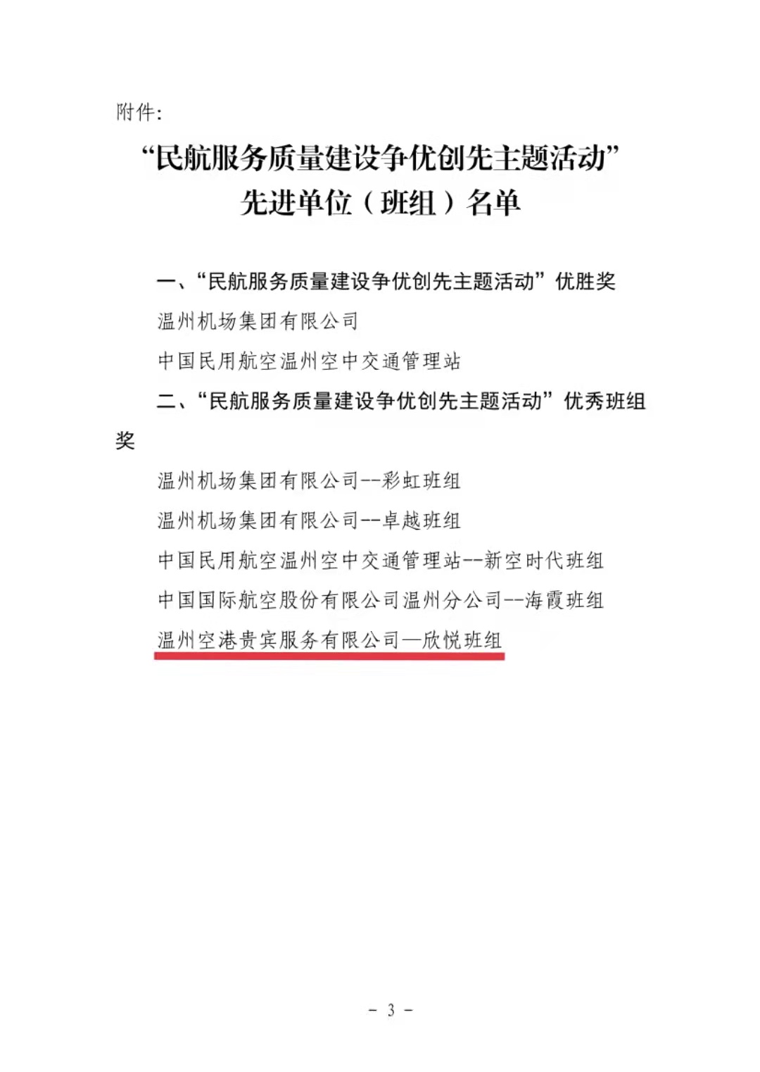 温州贵宾公司“欣悦班组”荣获“2021年度温州地区民航服务质量建设争优创先 主题活动”优秀班组奖
